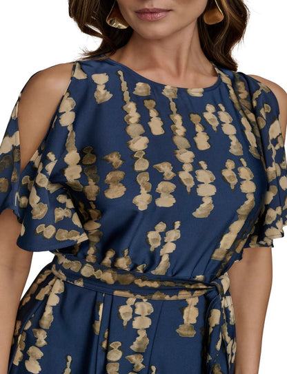 Abstract Print Cold Shoulder Midi Dress