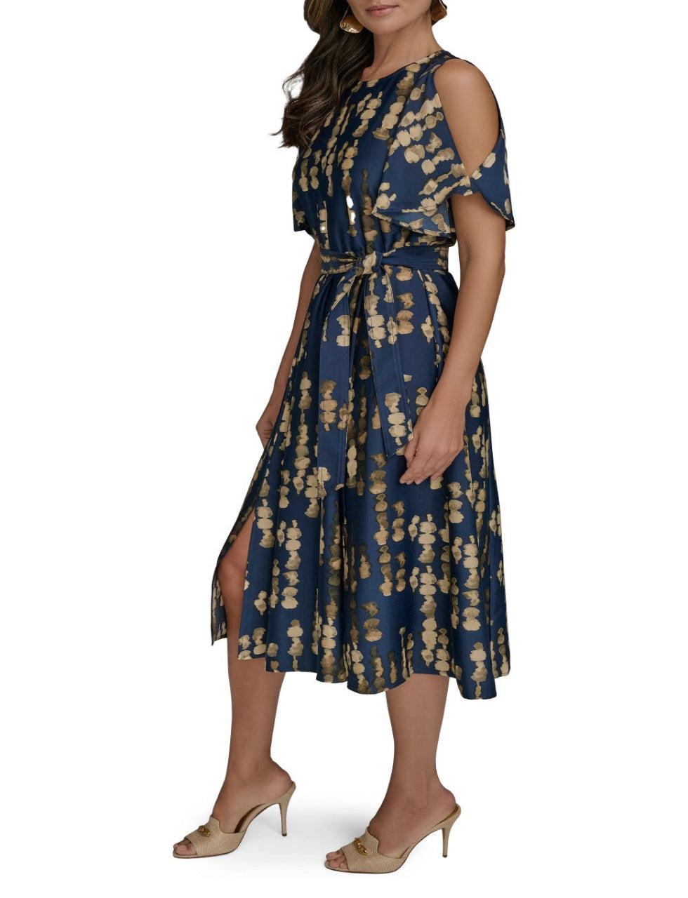 Abstract Print Cold Shoulder Midi Dress
