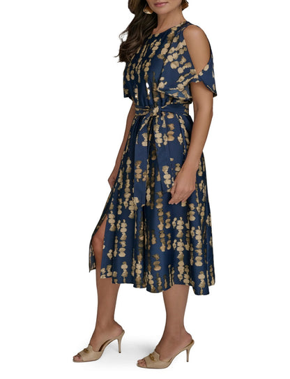 Abstract Print Cold Shoulder Midi Dress