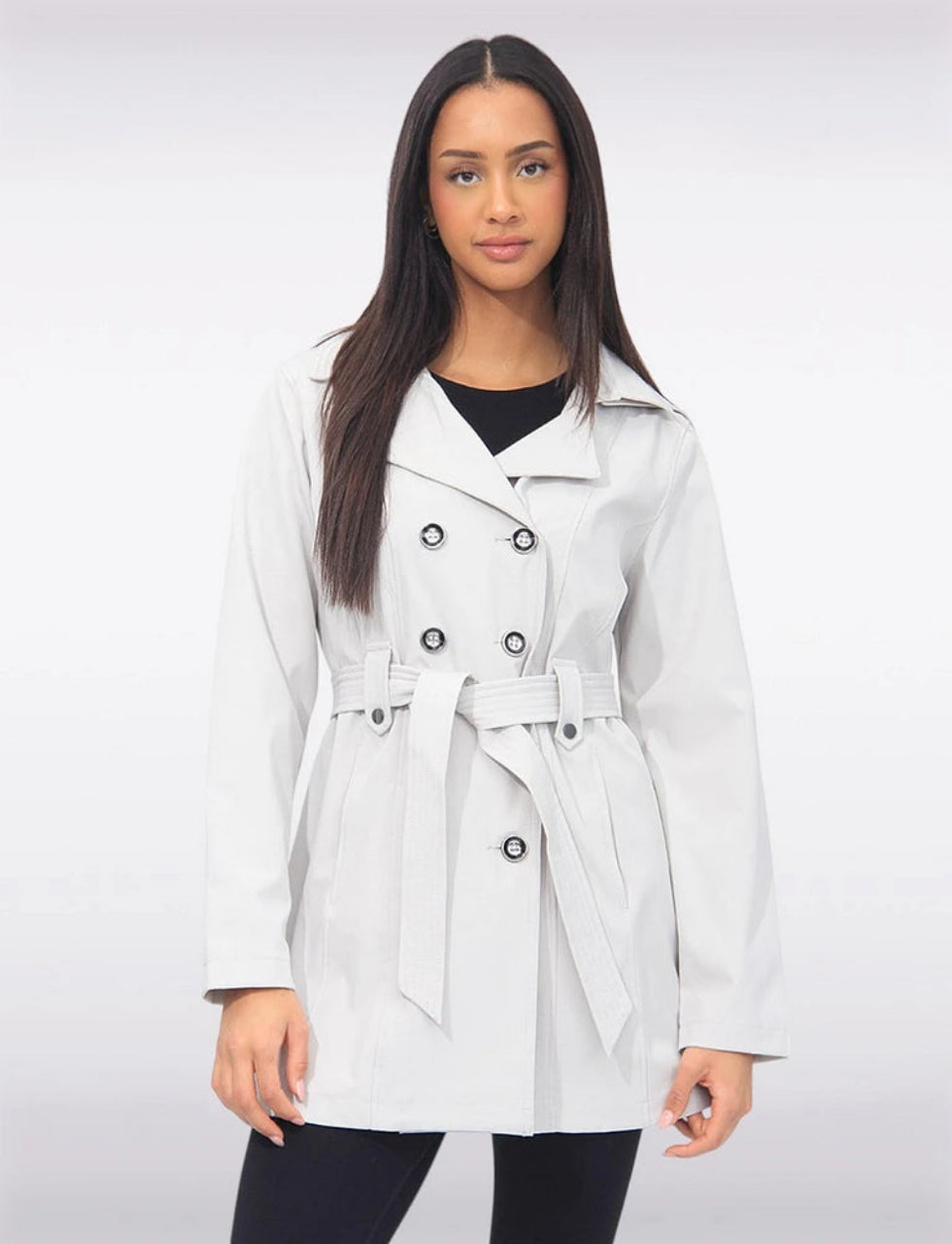 Vegan Double-Breasted Belted Slim Fit Short Trench Coat by Saki