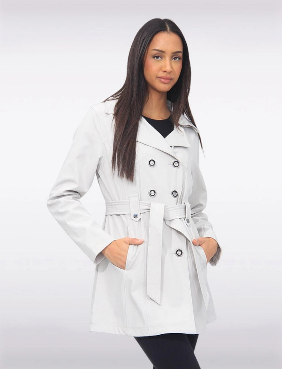 Vegan Double-Breasted Belted Slim Fit Short Trench Coat by Saki
