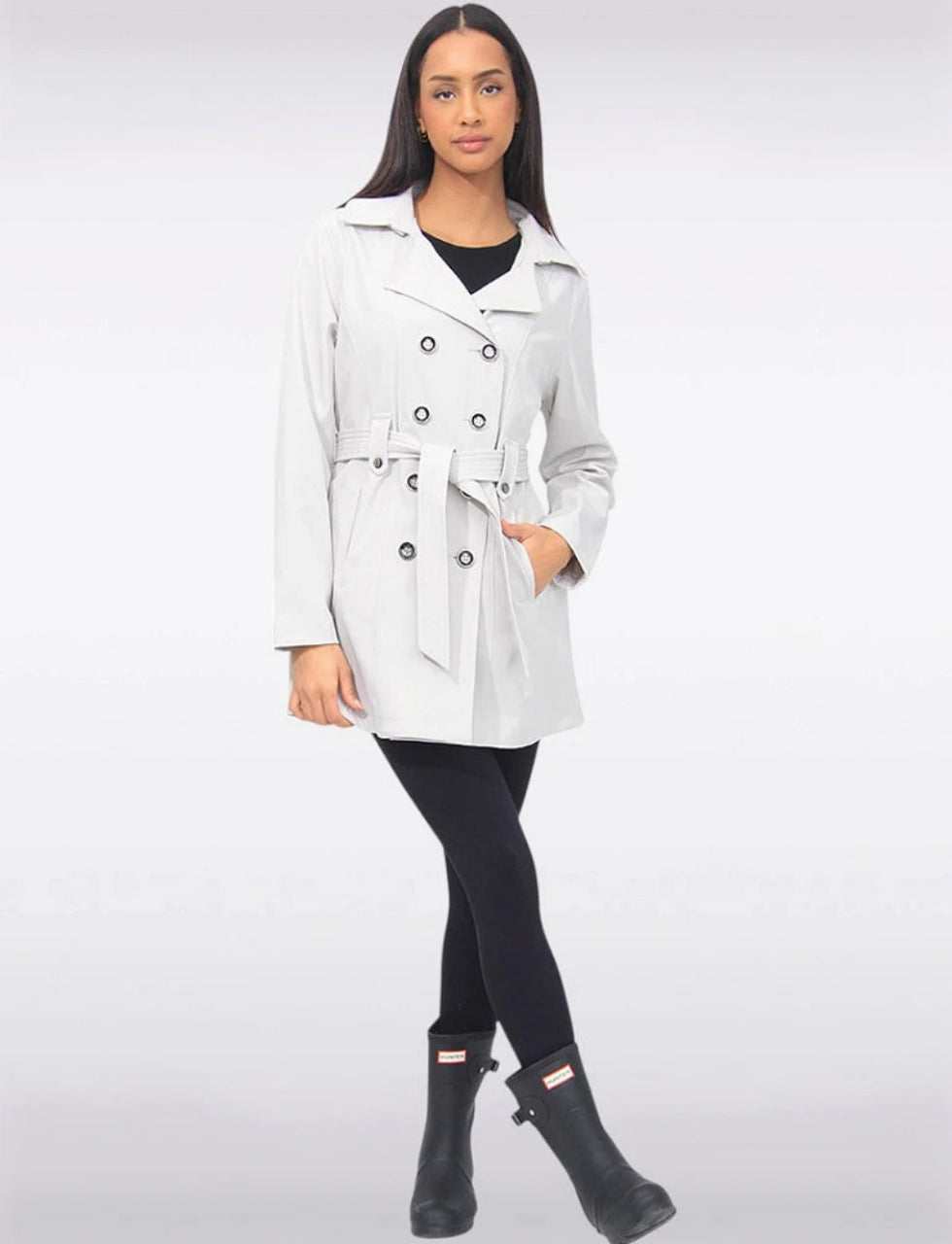 Vegan Double-Breasted Belted Slim Fit Short Trench Coat by Saki